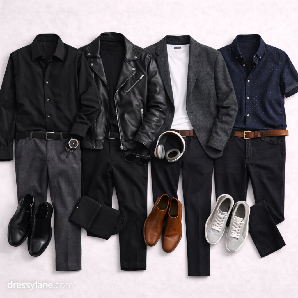 Flat lay of men’s club outfit ideas featuring dark shirts, jackets, tailored pants, boots, sneakers, and night-out accessories.