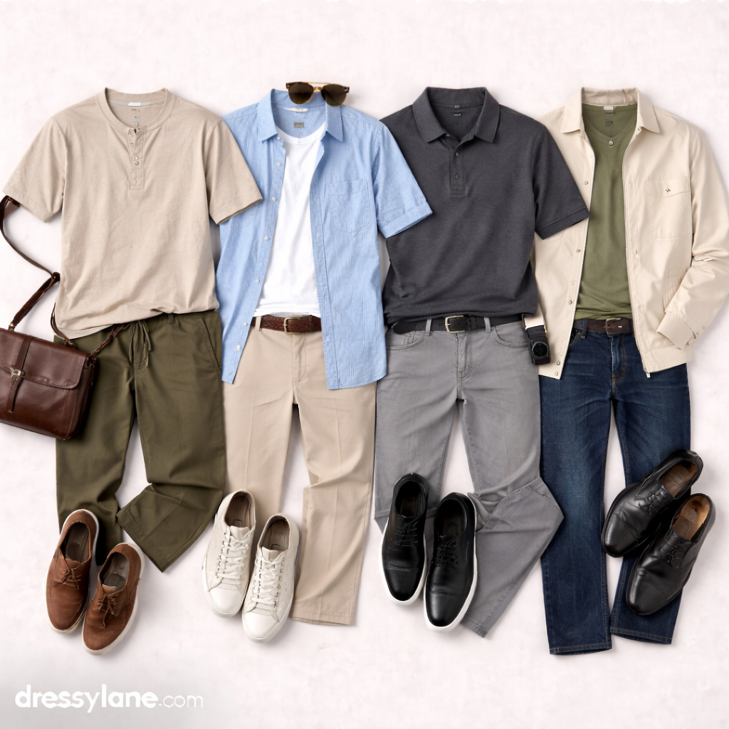 Flat lay of men’s comfortable party outfits featuring relaxed shirts, lightweight layers, full-length pants, and versatile shoes styled for social events where comfort is key.