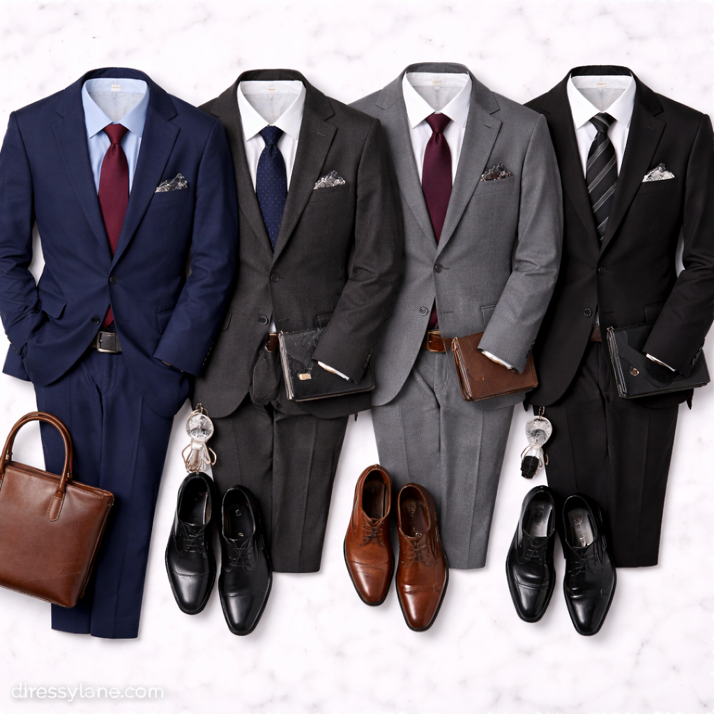 Flat lay of men’s corporate interview outfits featuring tailored suits, dress shirts, ties, leather shoes, and professional accessories.