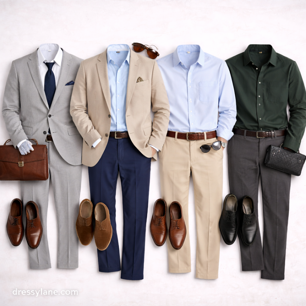 Flat lay of men’s courthouse wedding outfits featuring tailored suits, blazers, full-length trousers, dress shirts, and polished leather shoes.