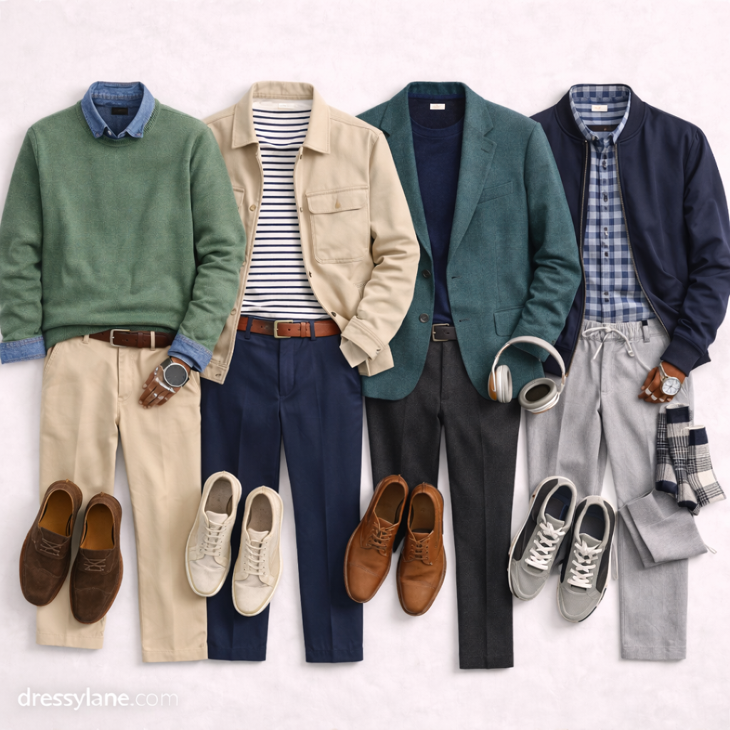 Flat lay of men’s creative workplace outfit ideas featuring full-length pants, casual blazers, knitwear, shirts, and stylish shoes.
