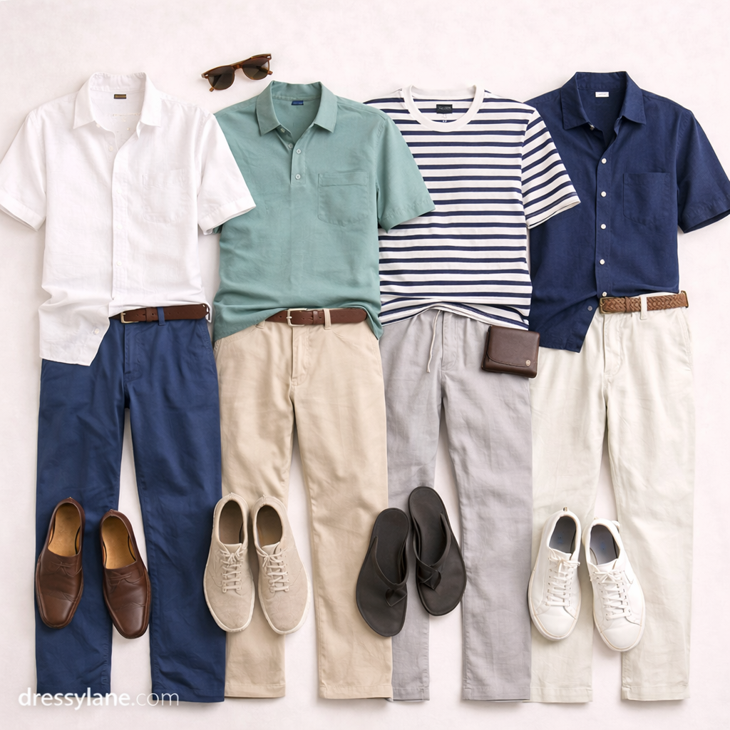 Flat lay of men’s cruise outfit ideas featuring lightweight shirts, full-length pants, casual shoes, and vacation accessories.
