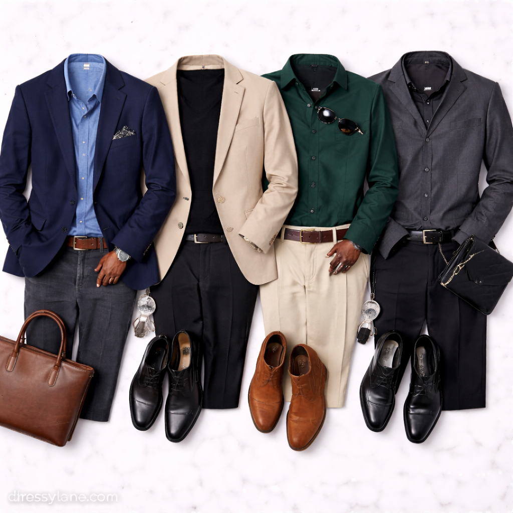Flat lay of men’s dinner party outfits featuring blazers, dress shirts, trousers, and coordinated accessories.