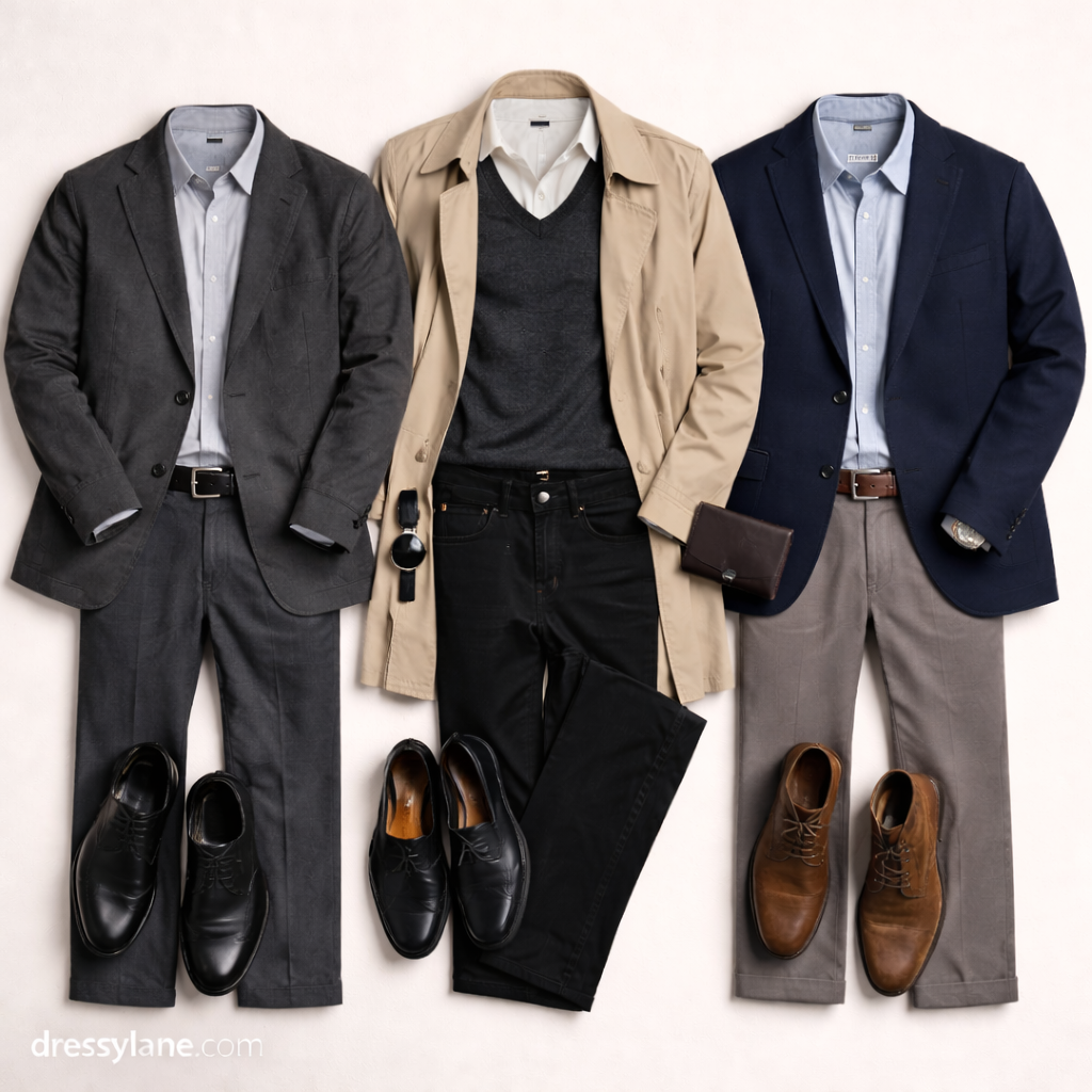 Flat lay of men’s funeral outfit ideas in neutral colors, featuring suits, blazers, trousers, dress shirts, and formal shoes.