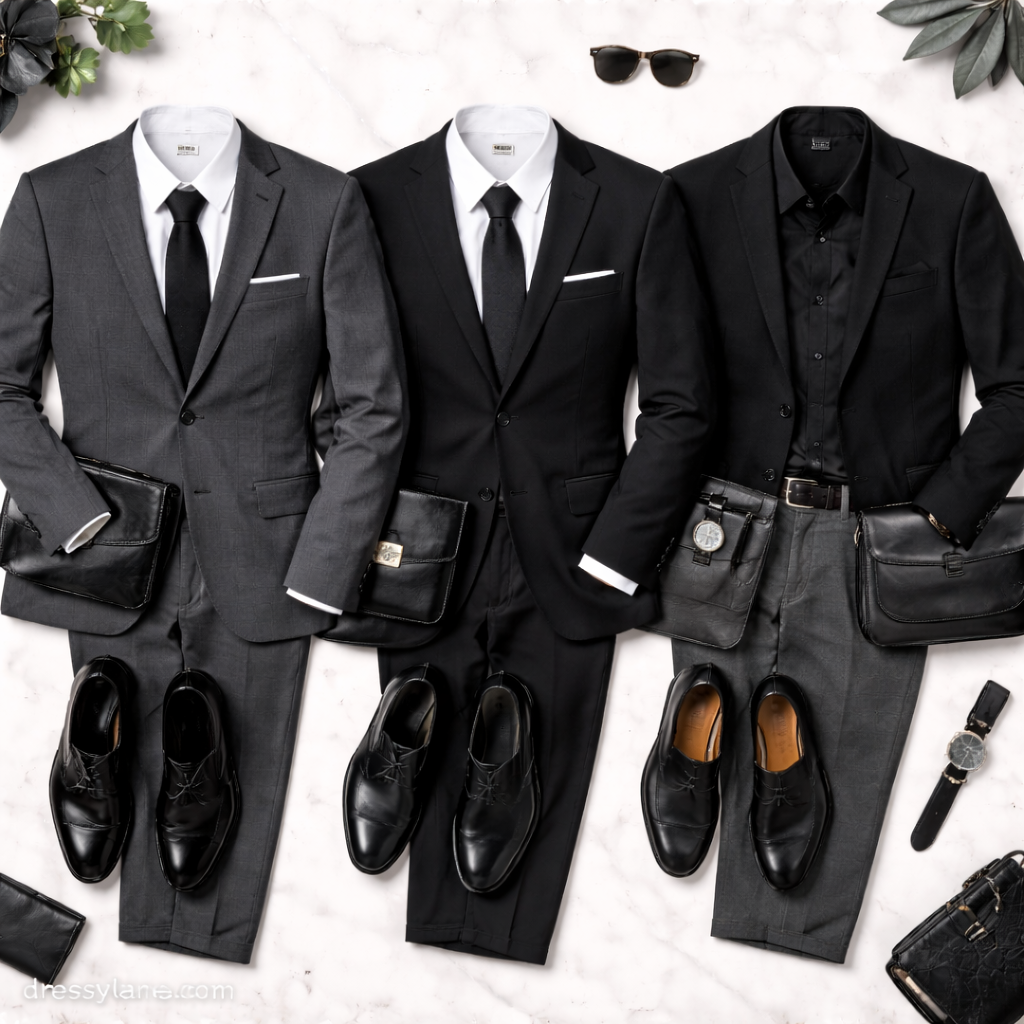 Flat lay of men’s funeral outfits featuring dark suits, dress shirts, ties, and polished black shoes.