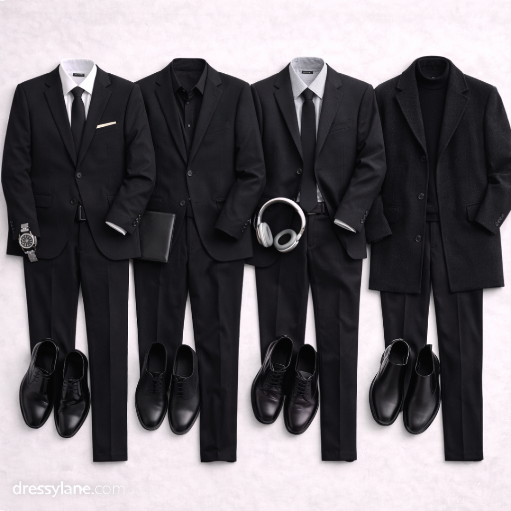 Flat lay of men’s funeral-appropriate outfits and shoes featuring dress suits, closed-toe leather shoes, and understated accessories.