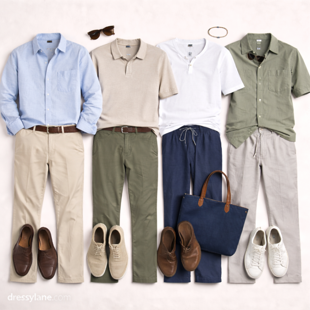 Flat lay of men’s humid weather outfit ideas featuring lightweight shirts, breathable pants, casual shoes, and summer accessories.