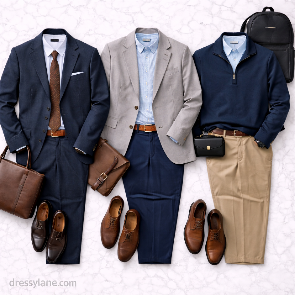 Flat lay of men’s job fair outfits featuring suits, blazers, dress shirts, pants, shoes, and professional accessories.