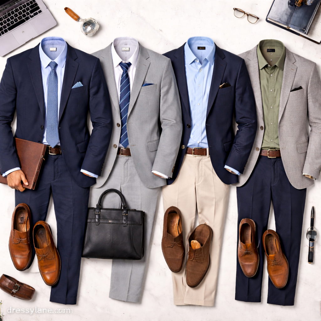 Flat lay of men’s professional interview outfits featuring suits, blazers, dress shirts, and polished shoes.