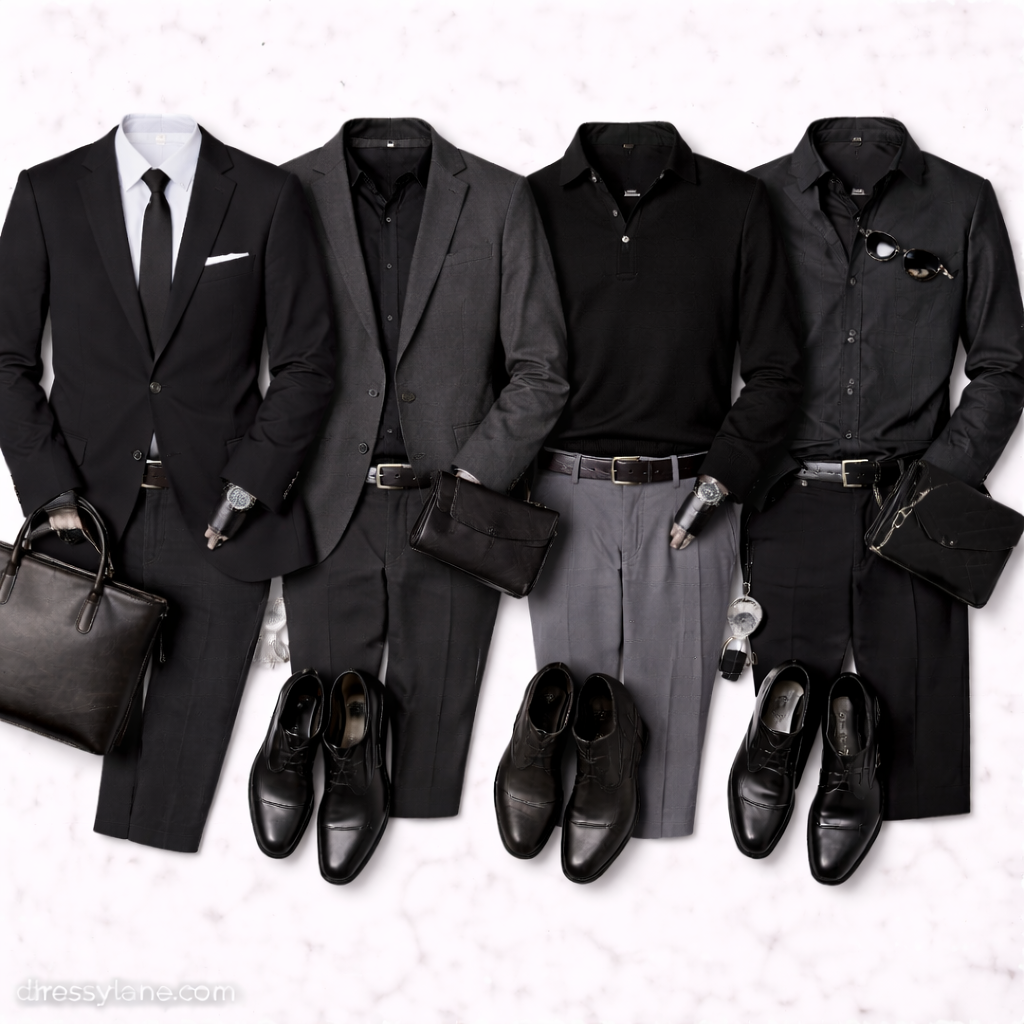 Flat lay of men’s memorial service outfits featuring dark suits, dress shirts, ties, and polished black shoes.