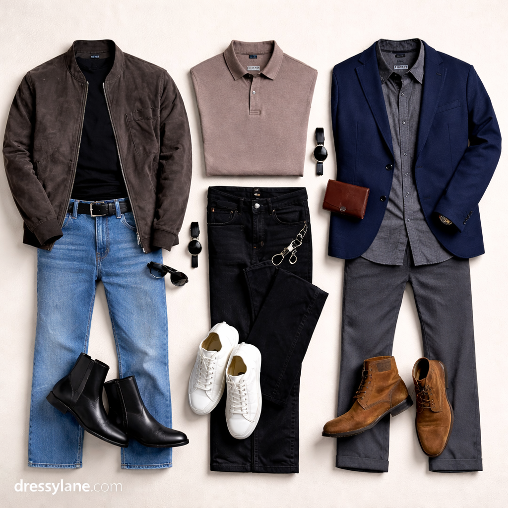 Men’s night-out outfit flat lay featuring full-length pants, jackets, shirts, shoes, and accessories styled for an evening out.