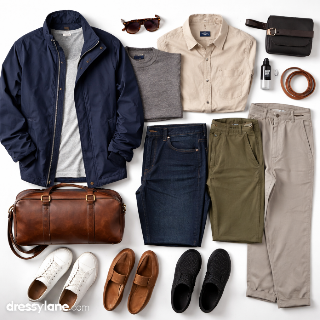 Flat lay of men’s travel capsule wardrobe featuring versatile shirts, full-length pants, lightweight outerwear, and coordinated shoes designed for dressing well while packing light.