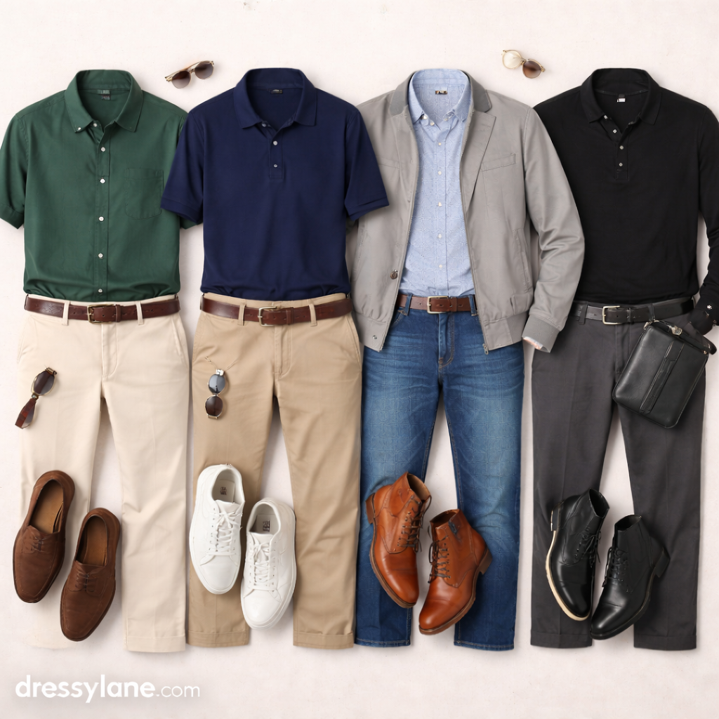 Flat lay of men’s party outfit ideas featuring casual-smart shirts, full-length pants, jackets, and coordinated shoes and accessories arranged for a social event with an unknown host.