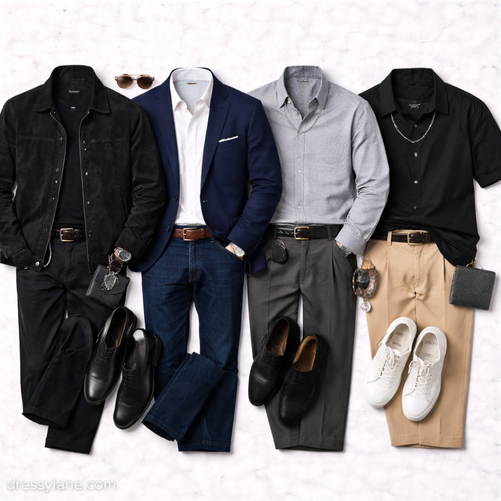 Flat lay of men’s party outfits featuring stylish jackets, button-down shirts, full-length pants, dress shoes, sneakers, and coordinated accessories arranged for casual and dressy social events.
