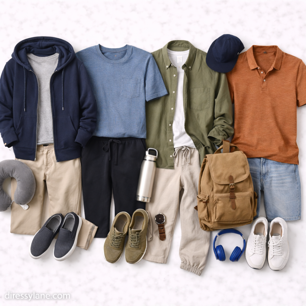 Flat lay of men’s travel outfits featuring casual layers, joggers, button-down shirts, sneakers, and travel accessories.