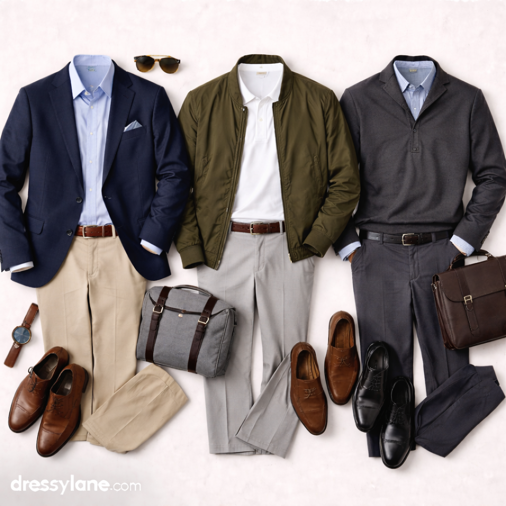 Flat lay of men’s business casual outfits featuring tailored pants, blazers, lightweight jackets, and polished shoes styled to look professional without appearing overdressed.