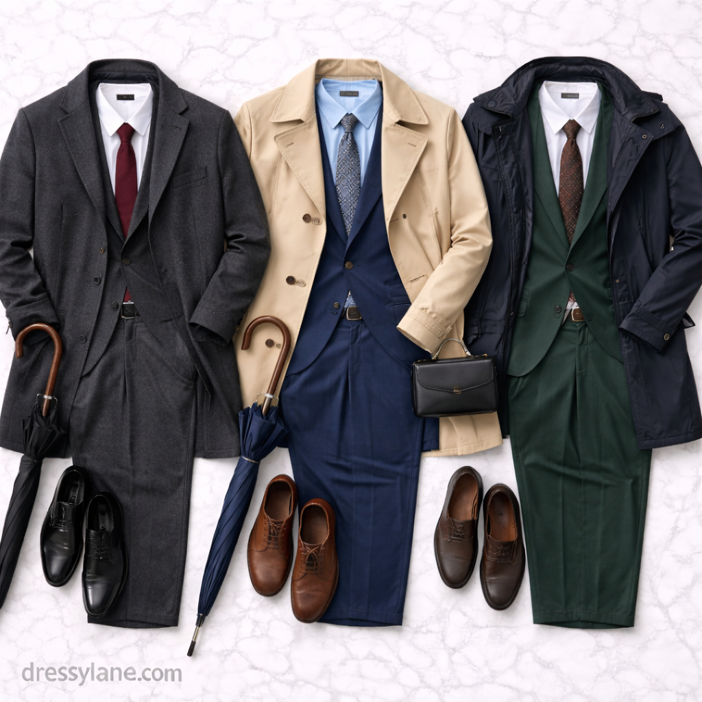 Flat lay of men’s rainy wedding guest outfits with suits, coats, dress shoes, and umbrellas styled for wet weather.