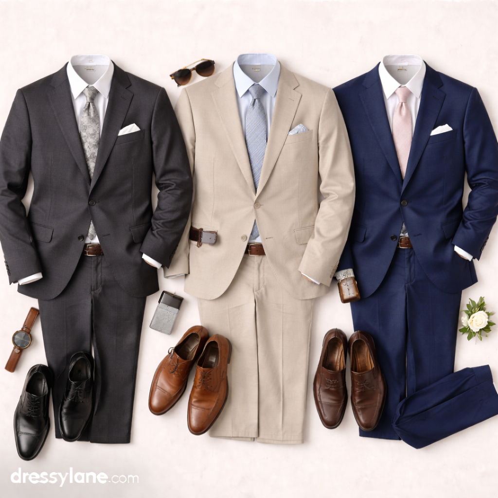 Flat lay of men’s respectful wedding guest outfits featuring classic suits, dress shirts, ties, and polished shoes styled for traditional wedding ceremonies.