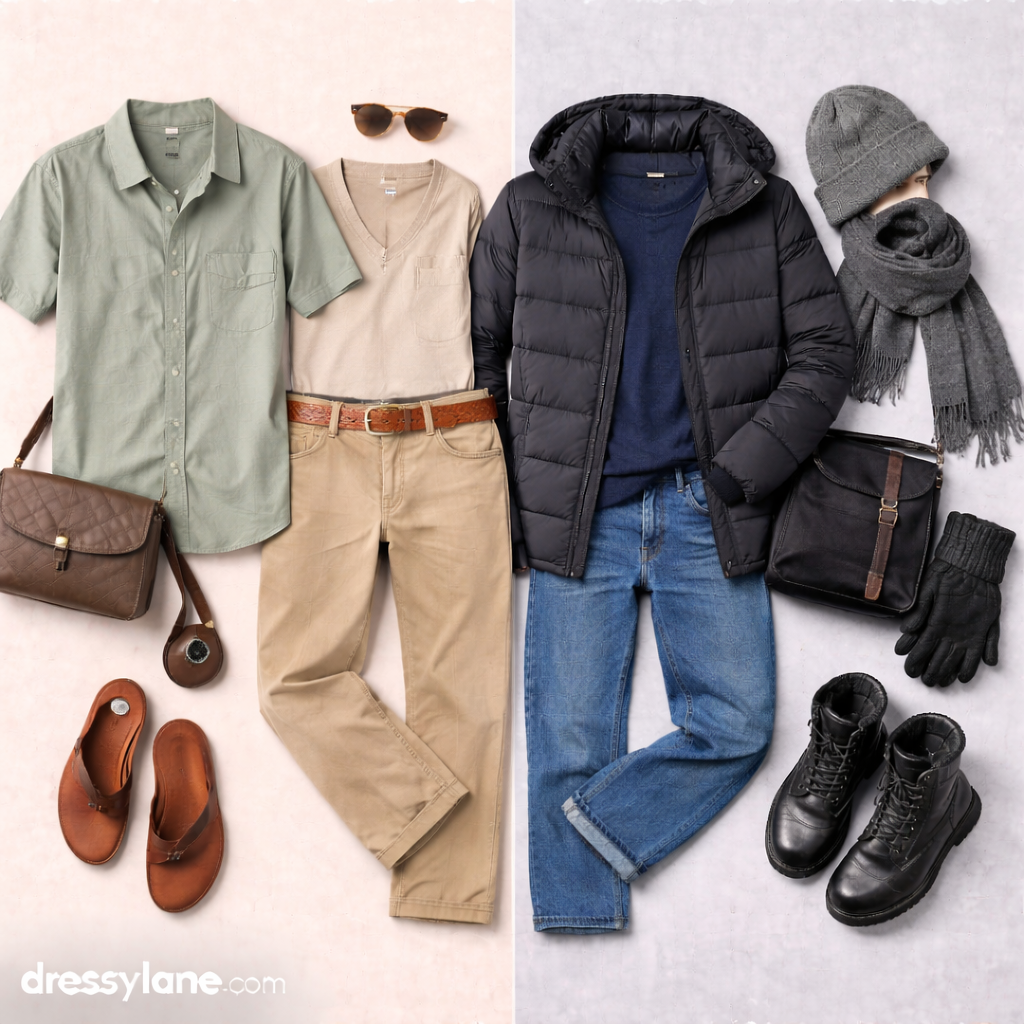 Flat lay of men’s outfits for seasonal extremes featuring breathable warm-weather clothing and insulated cold-weather layers arranged side by side.