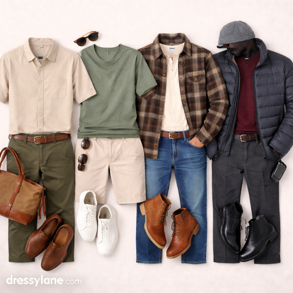 Flat lay of men’s seasonal outfits featuring breathable shirts, layered tops, full-length pants, and weather-appropriate outerwear styled for different climates.
