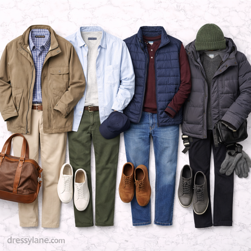 Flat lay of men’s seasonal travel outfits styled with clothing, shoes, and accessories for spring, summer, fall, and winter trips.