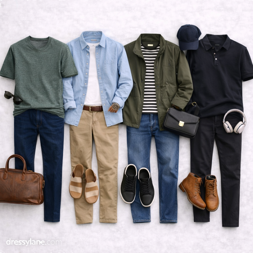Flat lay of men’s jeans outfits paired with different shoe styles, including loafers, sneakers, boots, and casual shoes.