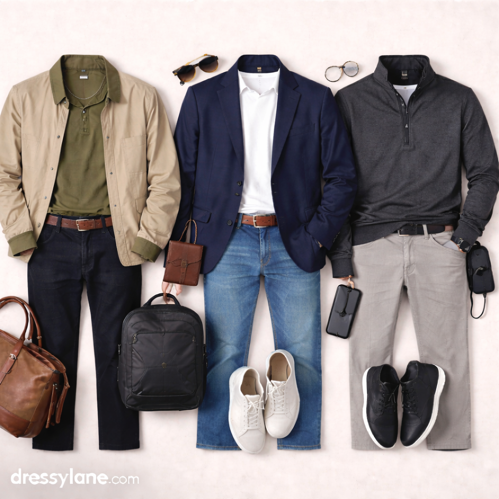 Flat lay of men’s simple outfits styled intentionally, featuring neutral basics, structured layers, full-length pants, and polished accessories arranged to show how minimal looks feel refined.