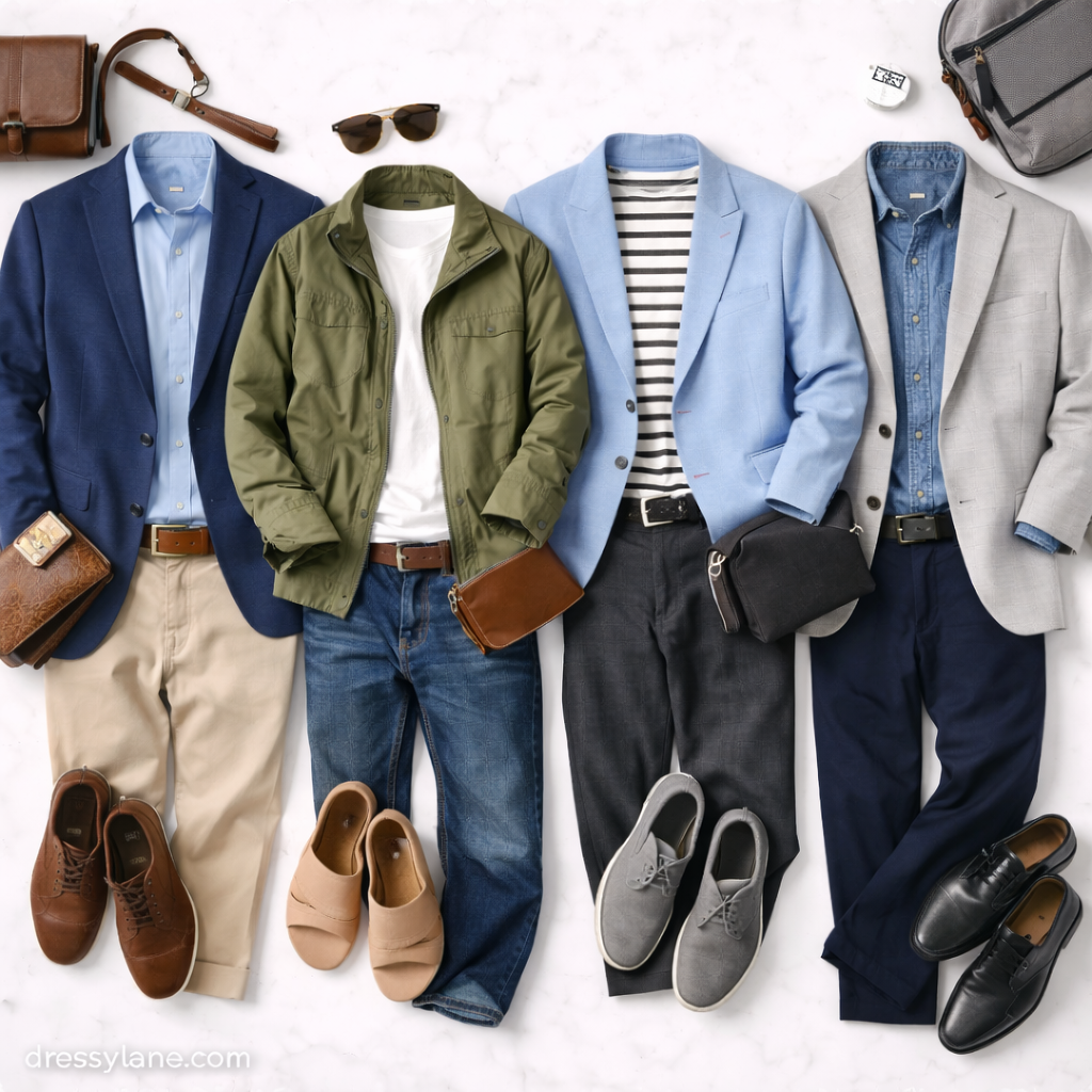 Flat lay of men’s smart casual outfits featuring blazers, lightweight jackets, chinos, jeans, and polished shoes.