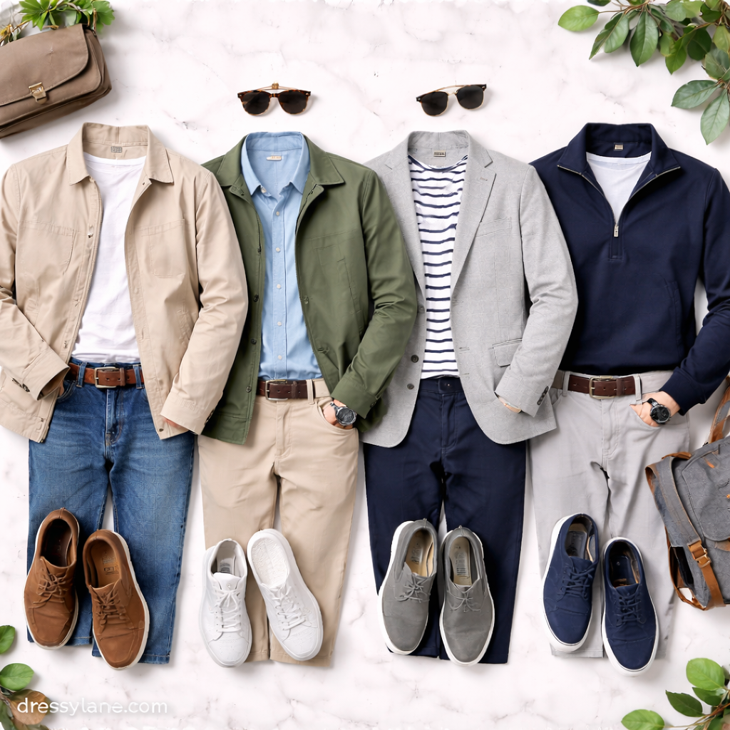 Flat lay of men’s spring outfits featuring lightweight jackets, chinos, jeans, and seasonal footwear.