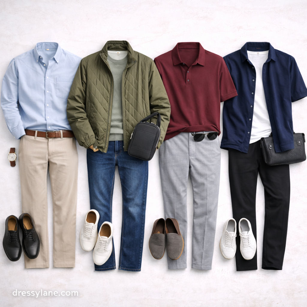 Flat lay of men’s curated outfits featuring button-down shirts, jackets, polos, full-length pants, and coordinated shoes.