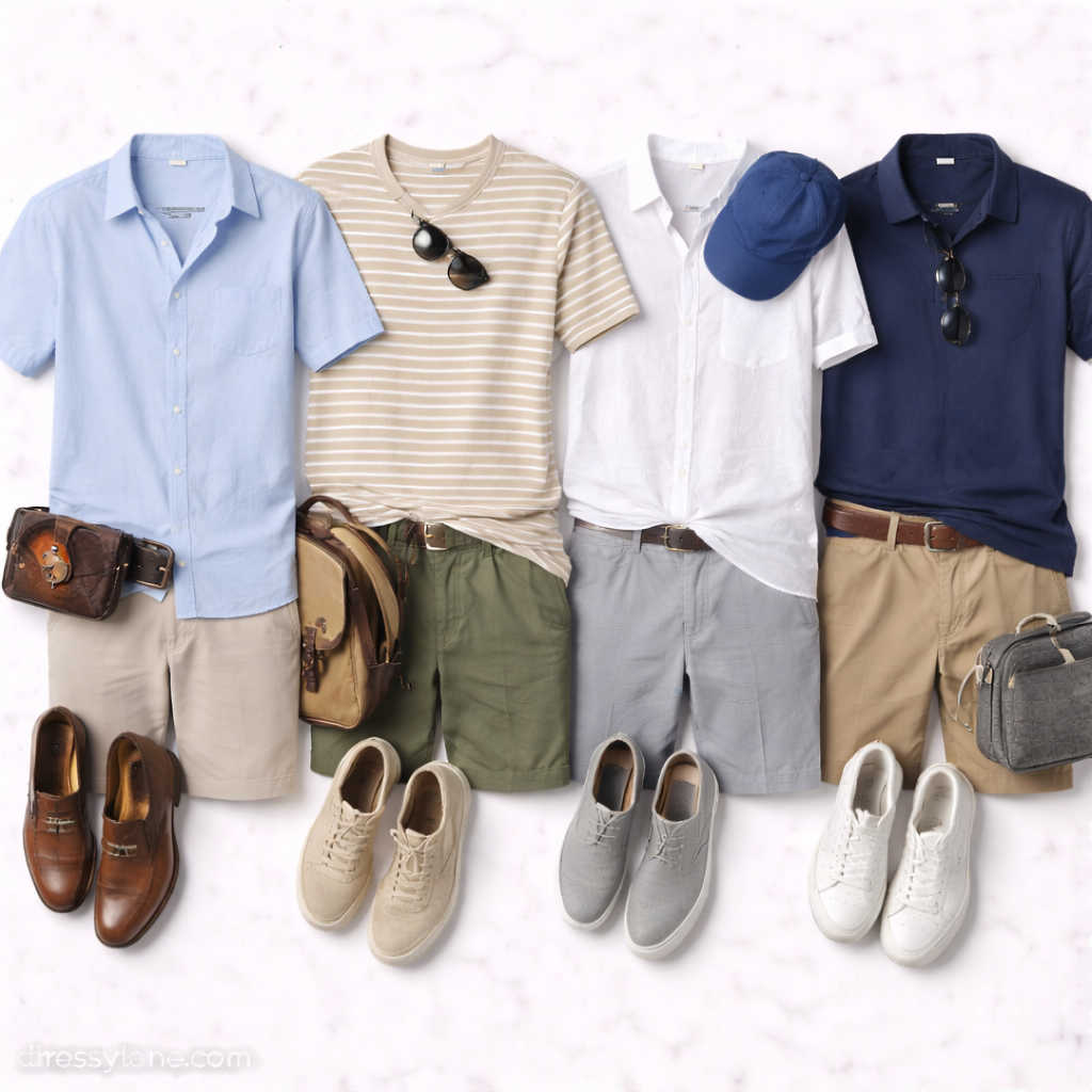 Flat lay of men’s summer outfits featuring short-sleeve shirts, polos, chino shorts, sneakers, and warm-weather accessories.