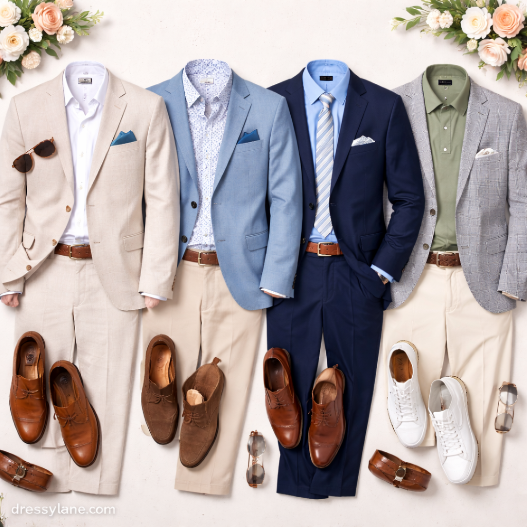 Flat lay of men’s summer wedding guest outfits featuring lightweight suits, dress shirts, and dress shoes.