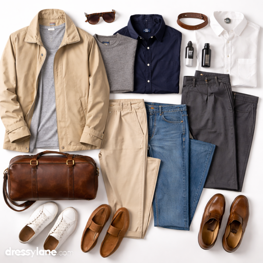 Flat lay of men’s timeless clothing and accessories featuring neutral shirts, jackets, full-length pants, classic shoes, and versatile essentials styled to show how to dress without following trends.