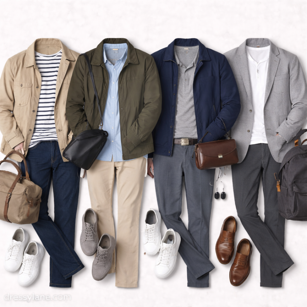 Flat lay of men’s travel outfits featuring versatile jackets, neutral shirts, full-length pants, casual sneakers, dress shoes, and practical travel accessories arranged for stylish packing.