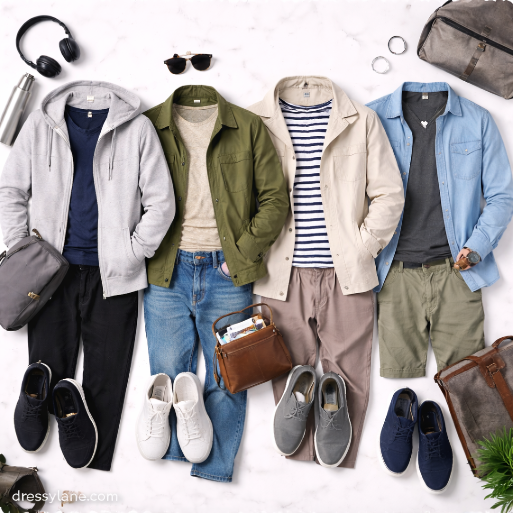 Flat lay of men’s travel outfits featuring casual layers, lightweight jackets, sneakers, and travel accessories.