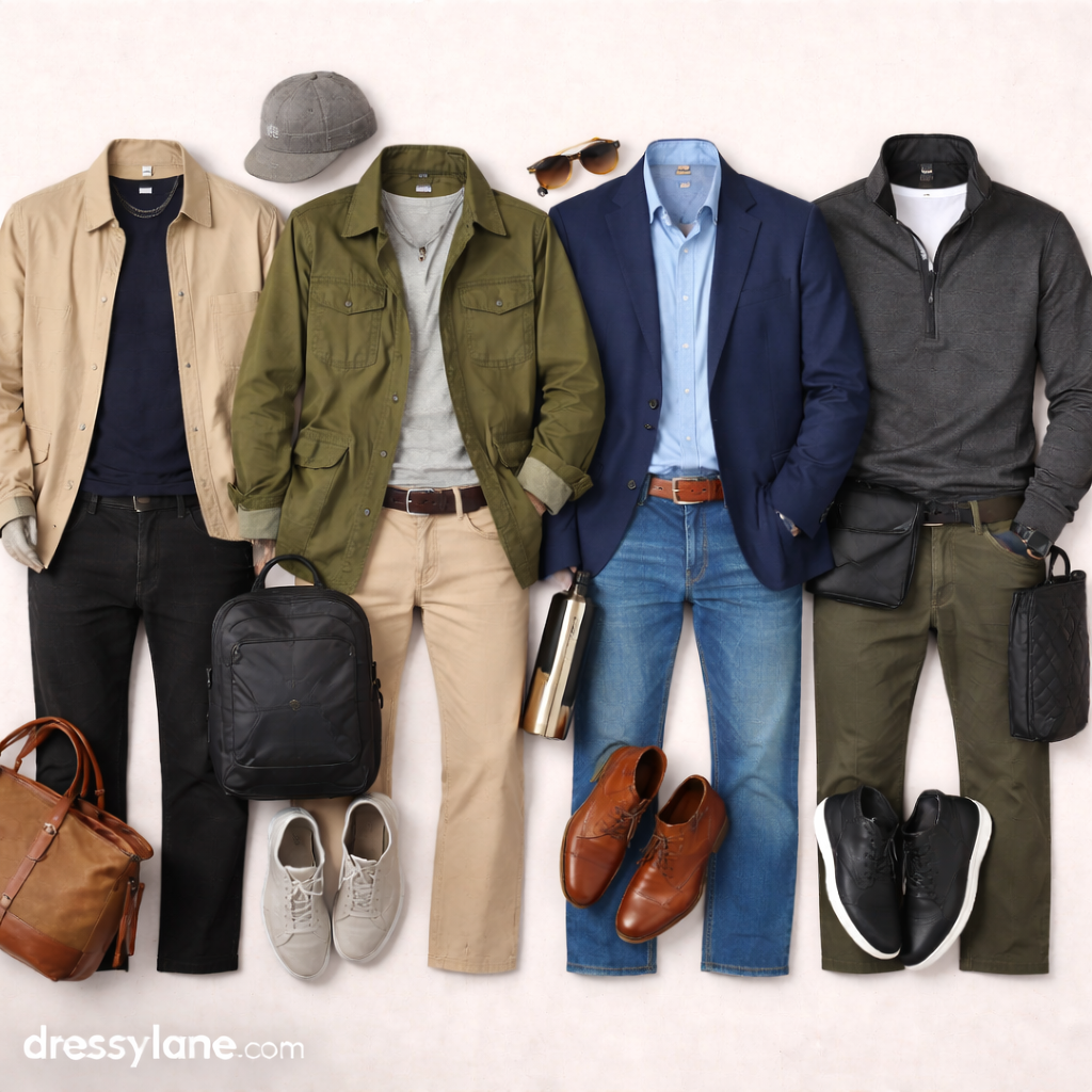 Flat lay of men’s travel outfits featuring jackets, blazers, comfortable pants, and versatile shoes with coordinated accessories designed to transition from travel days into events.