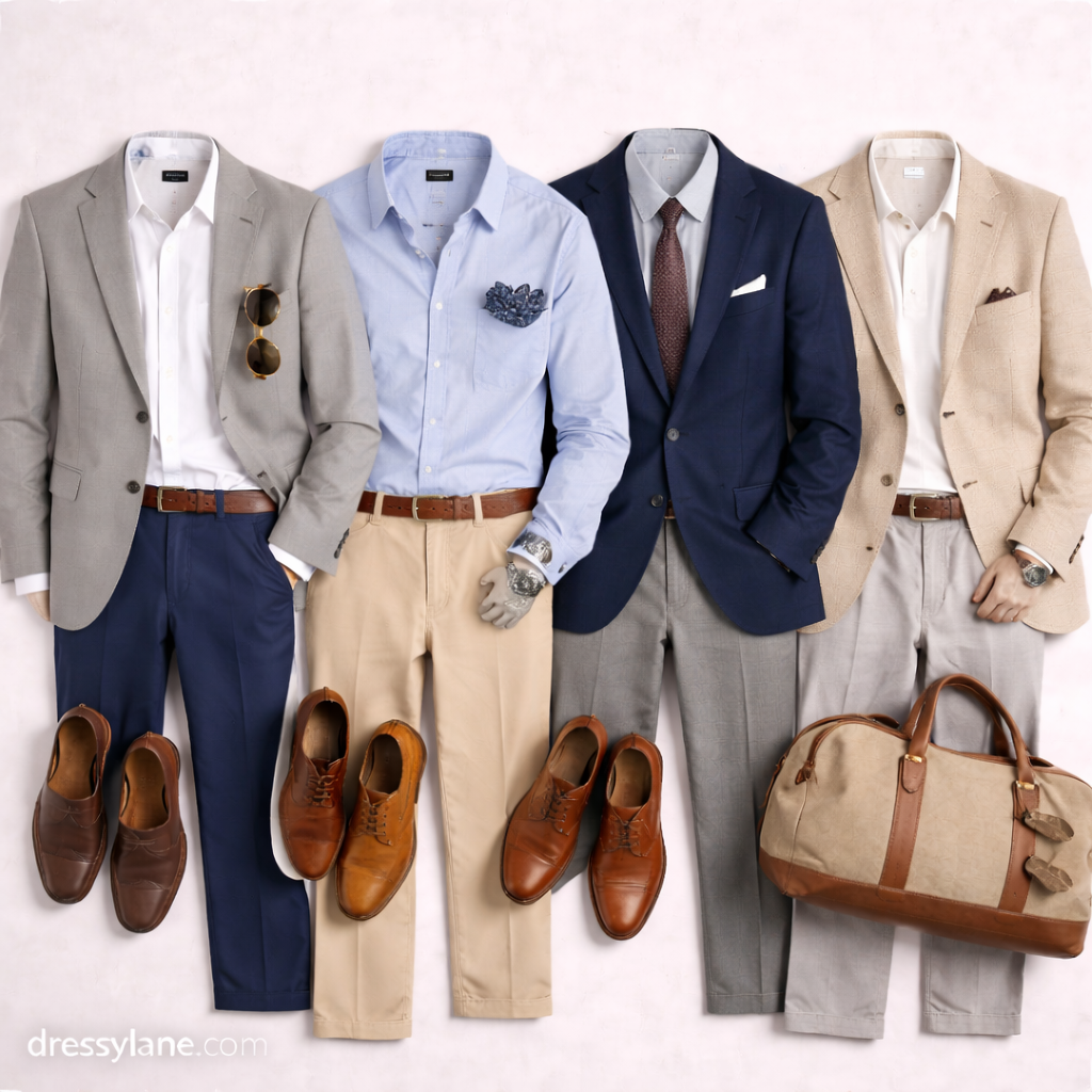 Flat lay of men’s wedding reception outfit ideas featuring full-length trousers, blazers, dress shirts, and formal shoes.