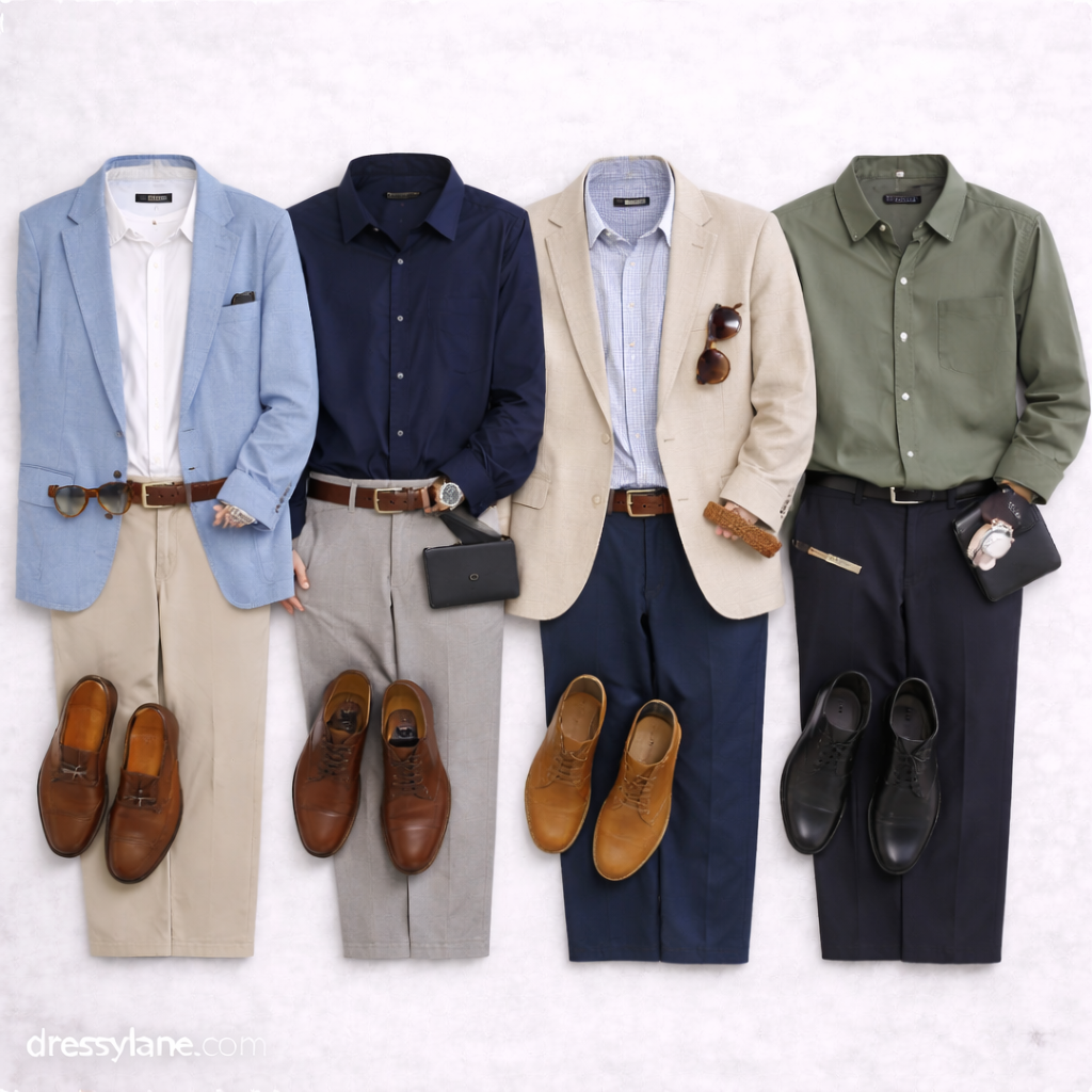 Flat lay of men’s wedding rehearsal dinner outfit ideas featuring blazers, button-down shirts, full-length dress pants, leather shoes, and refined accessories.