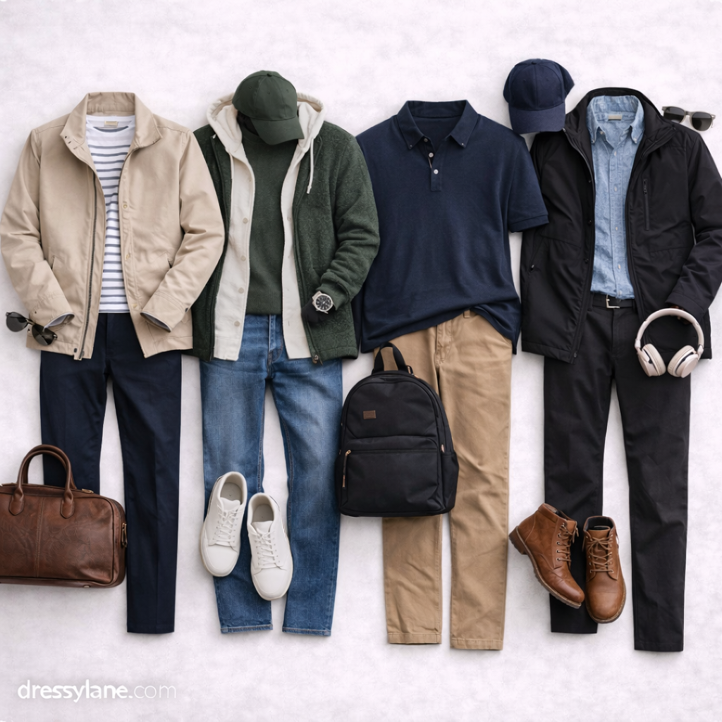 Flat lay of men’s weekend getaway outfit ideas featuring casual jackets, sweaters, jeans, chinos, sneakers, boots, and travel accessories.