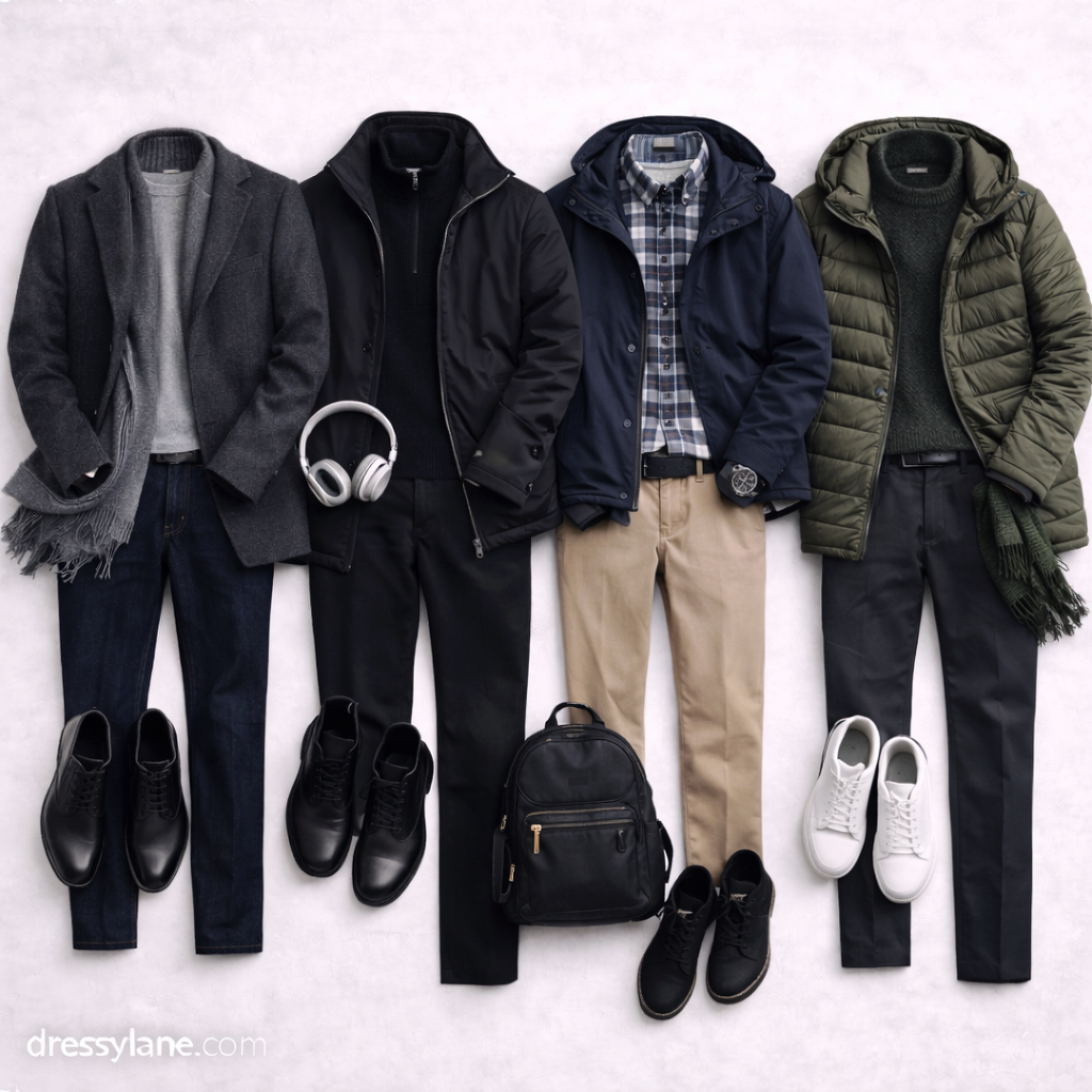 Flat lay of men’s windy weather outfit ideas featuring layered jackets, sweaters, full-length pants, boots, and wind-ready accessories.