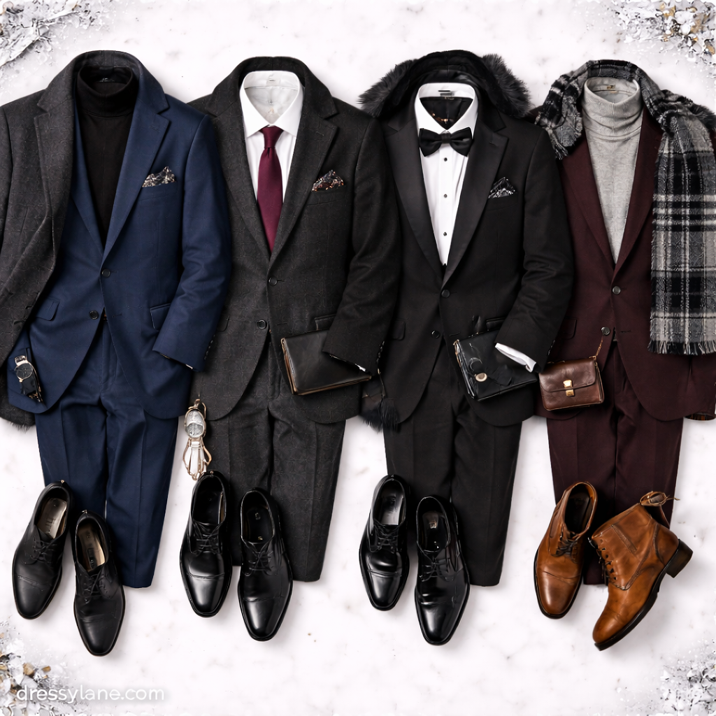 Flat lay of men’s winter wedding outfits featuring dark suits, tuxedo styling, layered coats, and polished dress shoes.