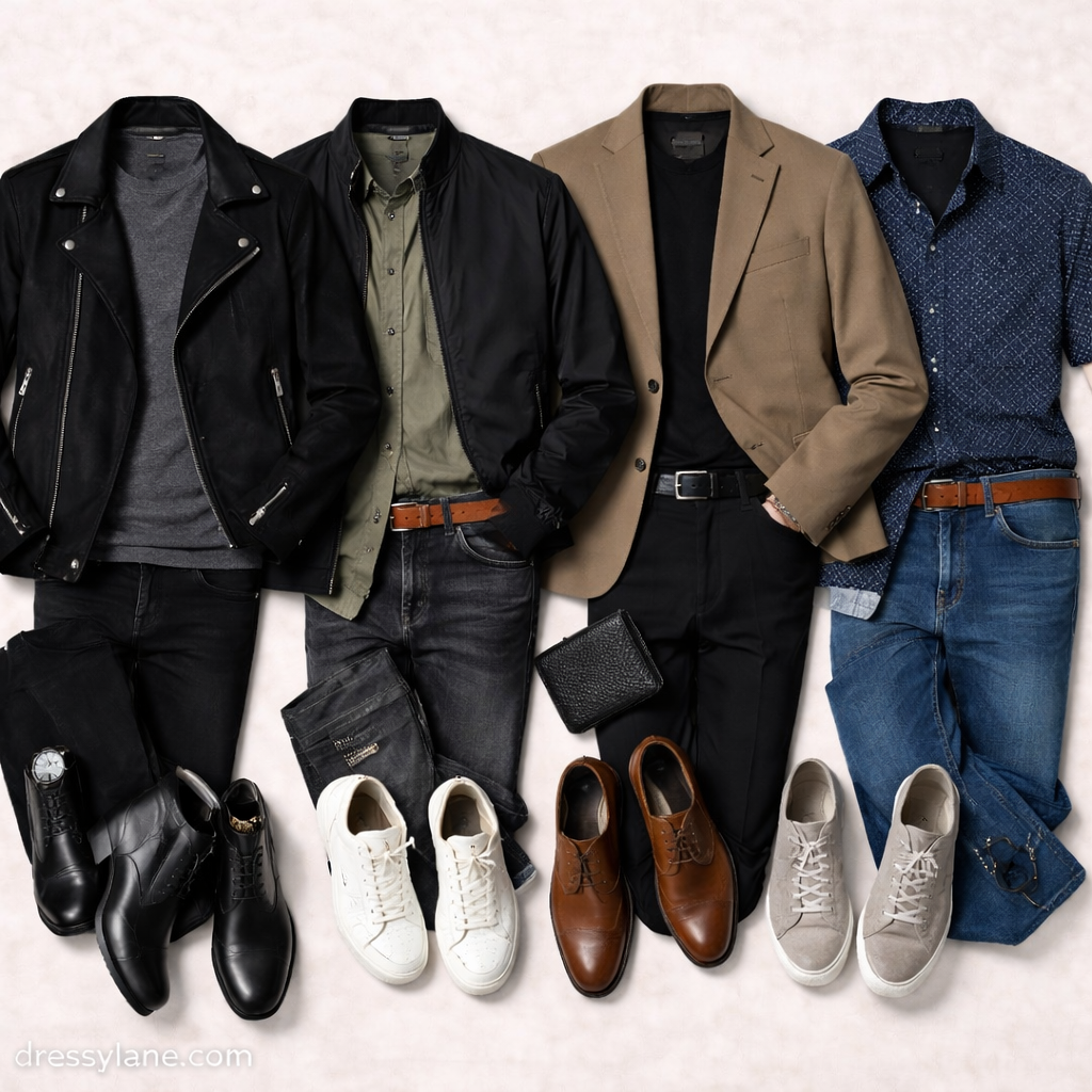 Flat lay of men’s night-out outfits featuring leather jackets, casual shirts, tailored pants, sneakers, dress shoes, and minimalist accessories arranged for evening style.