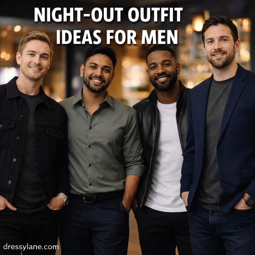 A diverse group of men wearing stylish night-out outfits including jackets, button-down shirts, and smart casual looks, standing together in an evening social setting.