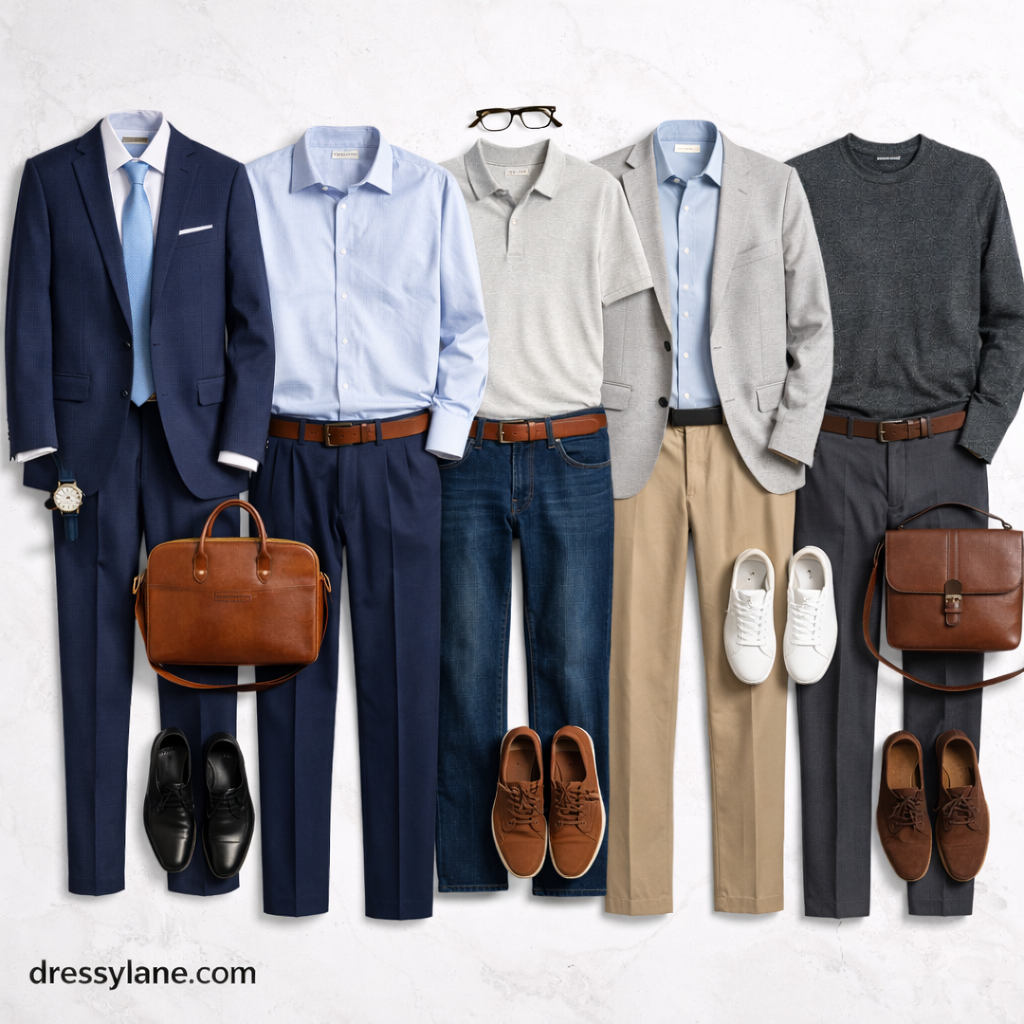 Flat lay of men’s office-appropriate clothing including suits, blazers, shirts, trousers, shoes, and work accessories arranged on a clean background.