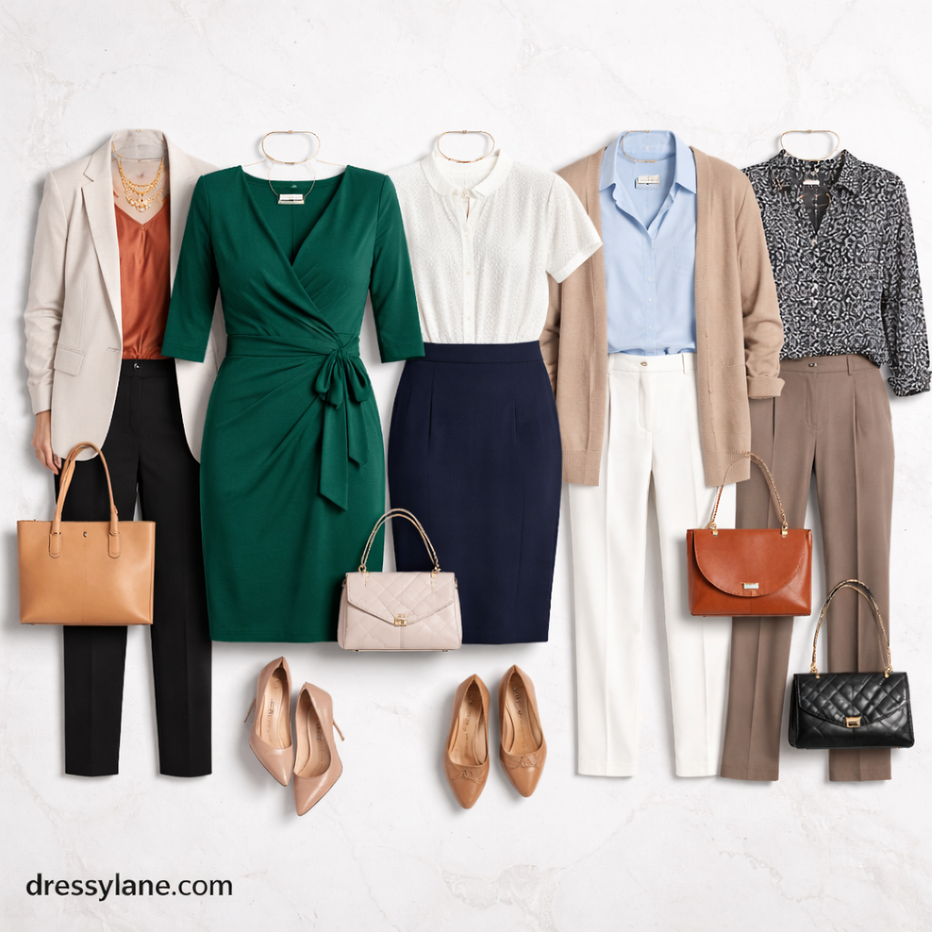 Flat lay of women’s office-appropriate clothing including blazers, dresses, trousers, blouses, shoes, and handbags arranged on a light background.