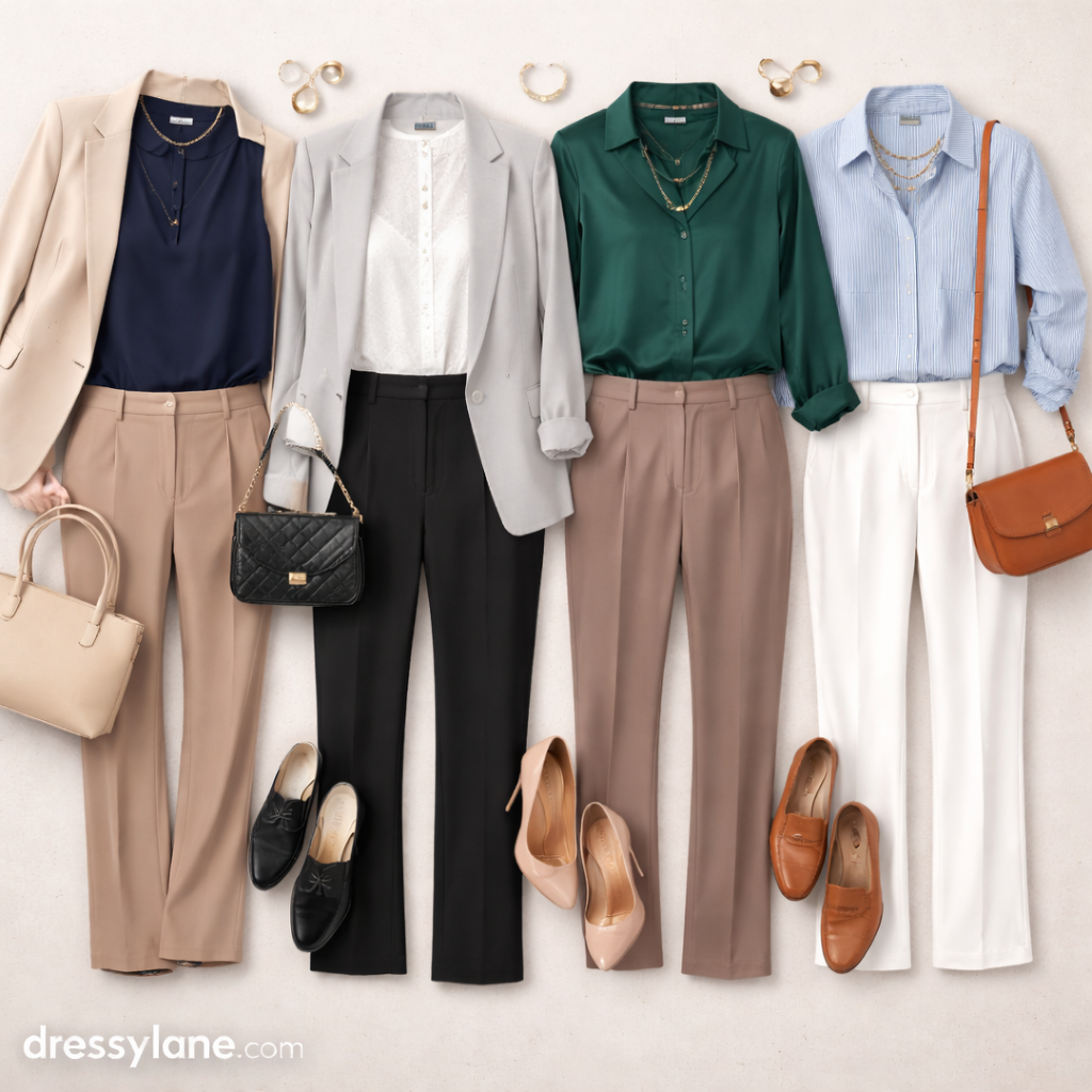 Flat lay of women’s business casual office outfits featuring tailored pants, blazers, blouses, and polished accessories arranged for an unknown office dress code.