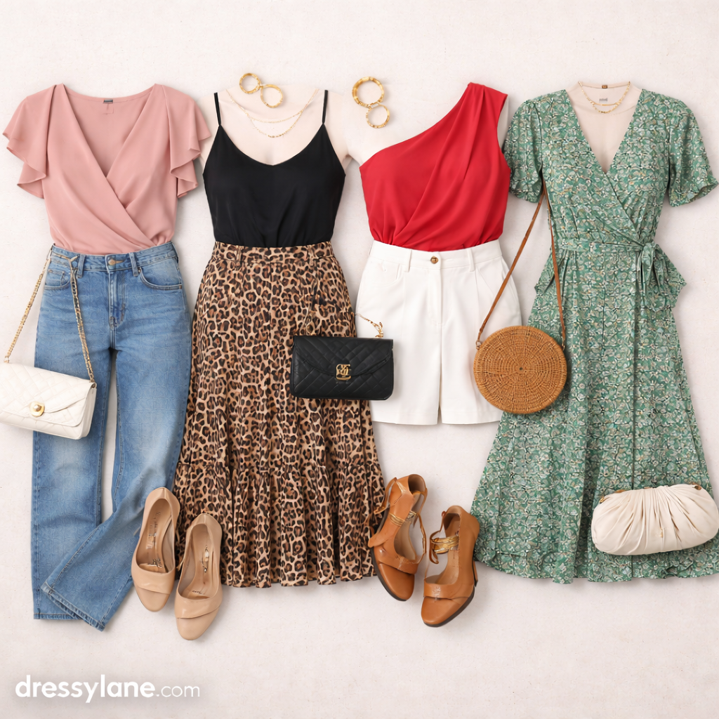 Flat lay of women’s party outfit ideas featuring stylish tops, skirts, shorts, and dresses with coordinated accessories arranged for a social event with an unknown host.