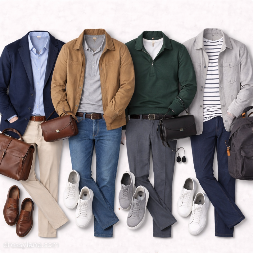 Flat lay of men’s well-fitting outfits featuring tailored shirts, structured jackets, full-length pants, classic shoes, and coordinated accessories arranged to highlight proper fit.