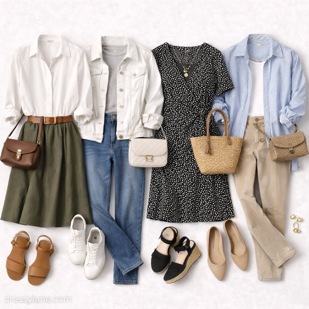 Flat lay of women’s well-fitting outfits featuring tailored tops, structured skirts, classic denim, neutral pants, and coordinated accessories arranged to highlight proper fit.