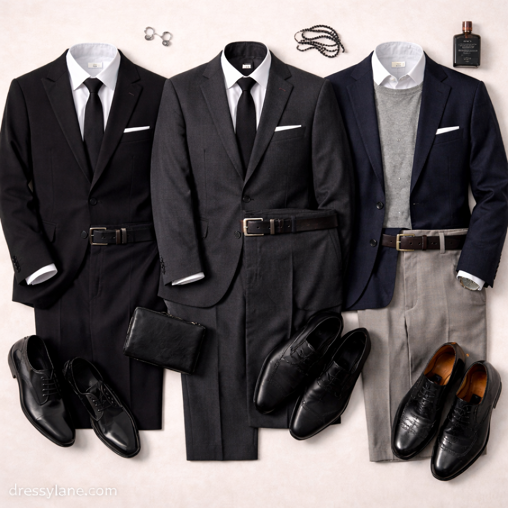 Flat lay of respectful men’s outfits for serious events featuring tailored suits, dark dress shirts, polished shoes, and minimal accessories arranged for a solemn occasion.